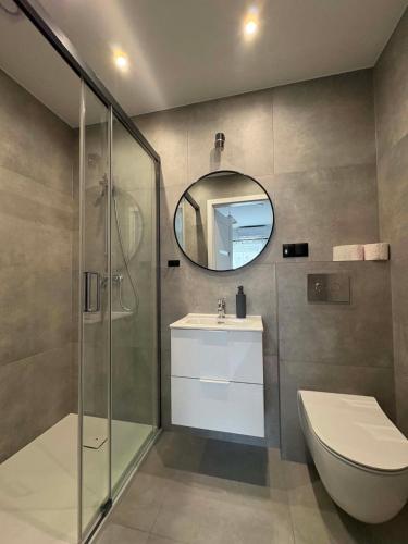a bathroom with a toilet and a sink and a mirror at Zielony Dom in Bolesławiec