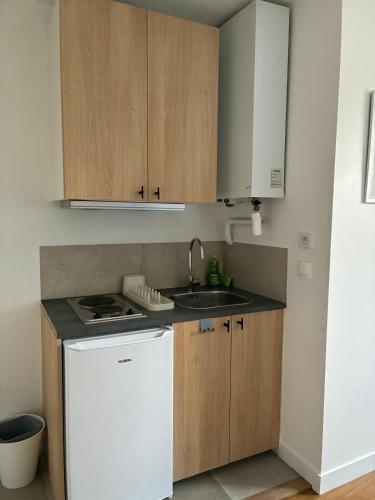 a kitchen with a white refrigerator and a sink at Studio 4 in Arcueil