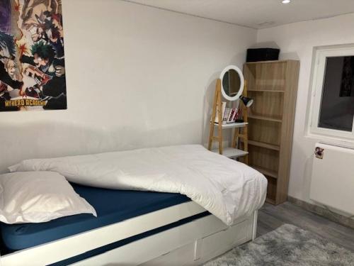 a bedroom with a bed and a mirror on the wall at Chalet for 10 with the forest in Séranon