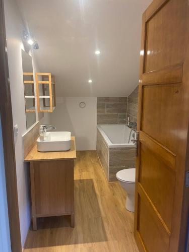 a bathroom with a sink and a toilet and a tub at Chalet for 10 with the forest in Séranon
