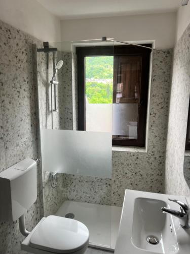 a bathroom with a toilet and a sink and a window at Appartamento Lucia in Ampezzo