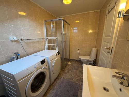 a bathroom with a washing machine and a sink at Rooftop view apartment 2 in Vardø