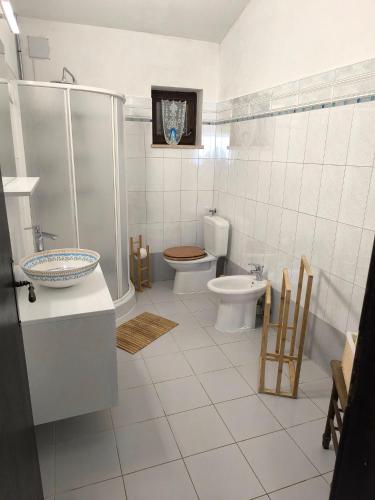 a white bathroom with a toilet and a sink at Apartmani Tara Medulin in Medulin