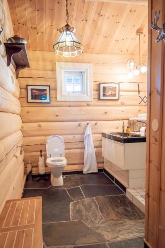 a log cabin bathroom with a toilet and a sink at Budalen, spacious cabin close to skitracks in Holo