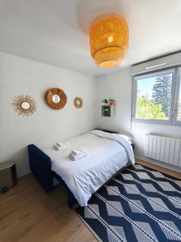 a bedroom with a bed and a large window at Studio calme Cite Internationale Wifi in Caluire-et-Cuire