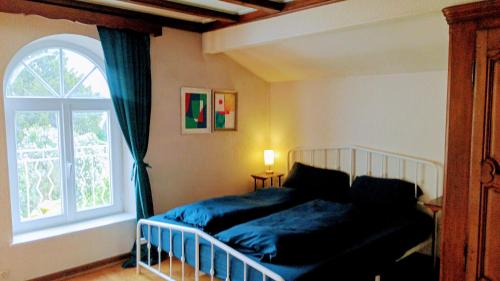 a bedroom with a blue bed and a window at Charmant gîte vosgien avec 13 chambres pour 30 personnes in Fellering