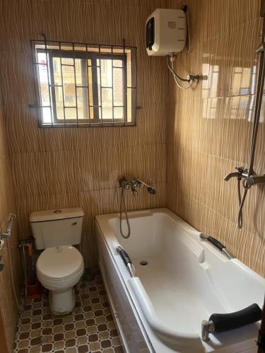 a bathroom with a toilet and a tub and a sink at Ined Apartment Services in Ibadan