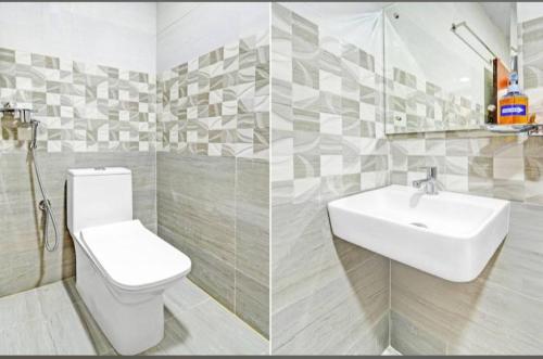 two pictures of a bathroom with a toilet and a sink at Hotel GREEN LEAF in Hyderabad