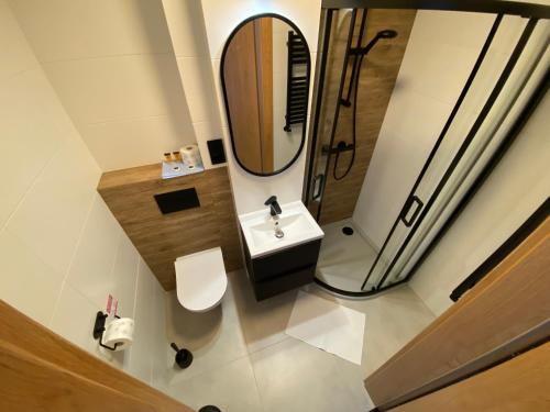 a bathroom with a sink and a mirror at Baltic Stay in Władysławowo