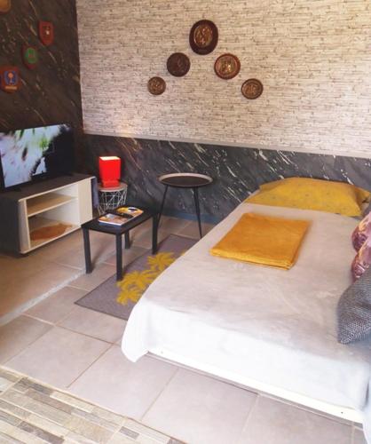 a bedroom with a white bed and a tv at Loft LE ROOF in Bahus-Soubiran