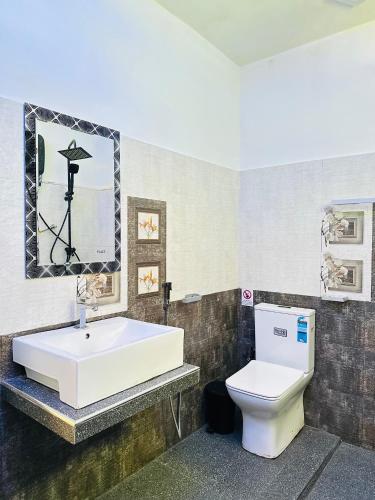 a bathroom with a white sink and a toilet at Hill Top Villa Kandy in Ambatenna