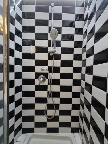 a black and white checkered bathroom with a shower at PapalePapale Home in Viterbo