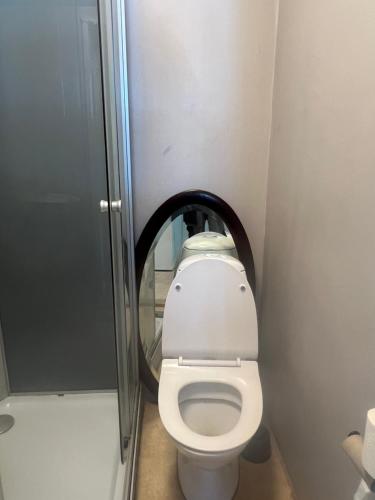 a bathroom with a toilet with a circle around it at Thistedvej 40 in Nørresundby