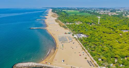 an aerial view of a beach and the ocean at Camping Union Lido in Cavallino-Treporti