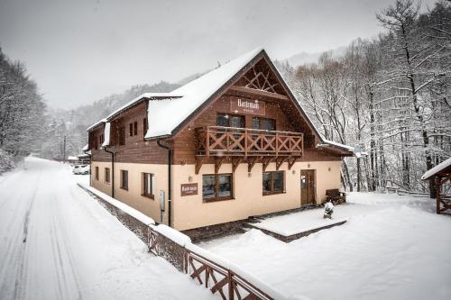 a house is covered in snow on a snowy road at Penzion Hastrman in Banská Bystrica