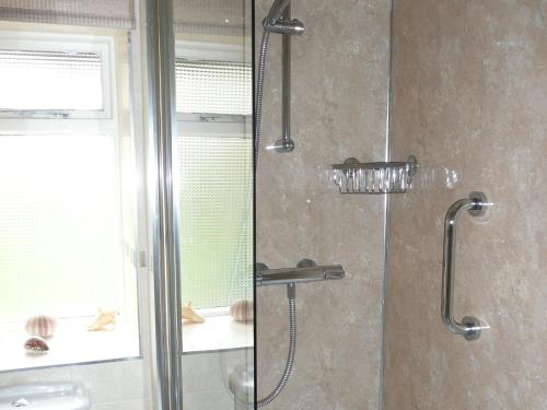 a shower with a glass door with a shower head at Cropple Howe in Threlkeld