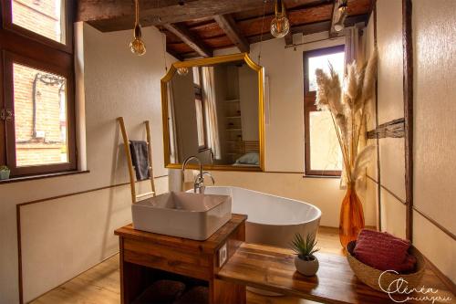 a bathroom with a sink and a bath tub at Sous les toits de Sainte-Cécile in Albi