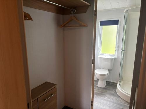 a bathroom with a toilet and a window at Newquay - Deluxe 3 bed Lodge Willows Way 47, Newquay Parkdean, Holiday Park in Newquay