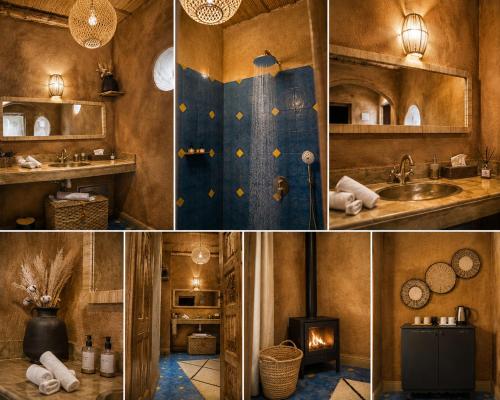 a collage of photos of a bathroom with a sink and a fireplace at Kaha Lak in Douar Aguergour