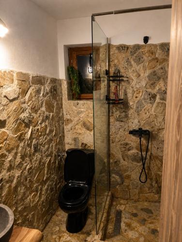 a bathroom with a shower with a black toilet at Casa Rosso in Valea Măceşului