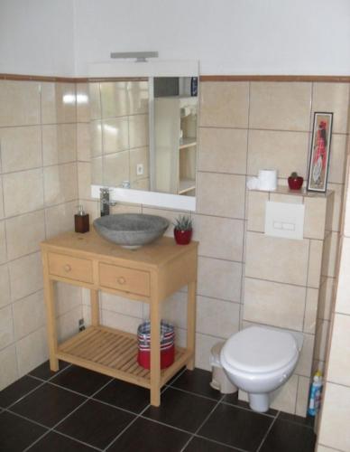 a bathroom with a sink and a toilet at Karibu Normandy-Maasai in Lisieux