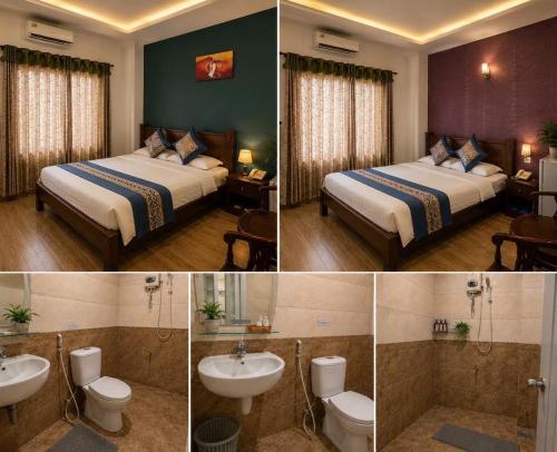 three pictures of a hotel room with two beds and a sink at Nhật Vân 2 in Ho Chi Minh City