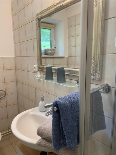 a bathroom with a sink and a mirror at Haus Schwalbennest in Undeloh
