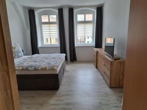 a bedroom with a bed and two windows at NEU! Fewo Calbe an der Saale in Calbe
