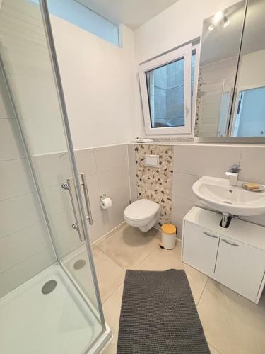 a bathroom with a shower and a toilet and a sink at Casa Nova Apartment in Geislingen an der Steige