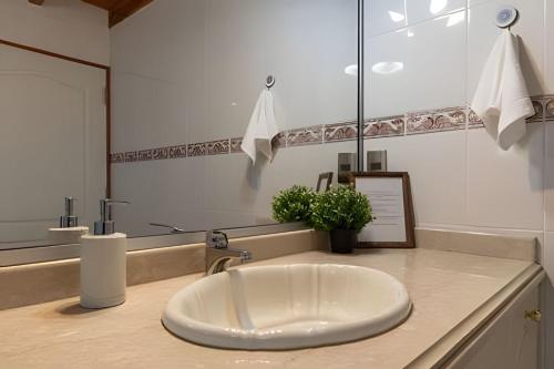 ein Badezimmer mit einem weißen Waschbecken und einem Spiegel in der Unterkunft Impresionante casa + Starlink | Bosque y estufa in Pucón
