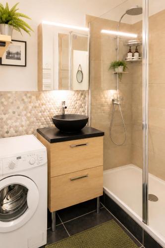 a bathroom with a sink and a washing machine at Charmant T2 Bordeaux Proche tram & centre-ville in Bruges