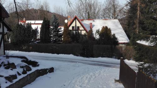 a house in a yard with snow on the ground at Chata nad Sztolnią in Bystrzyca Górna