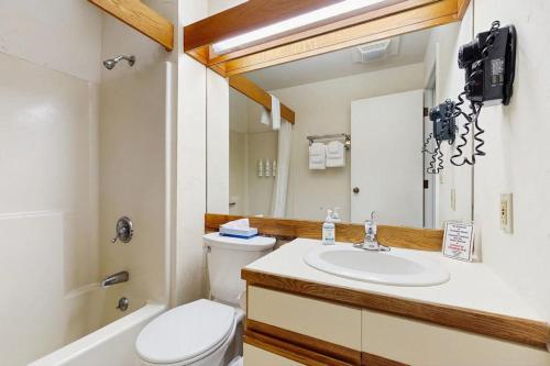 a bathroom with a toilet and a sink and a mirror at Seasons 207 in Warren