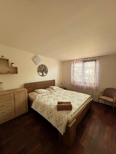 ein Schlafzimmer mit einem Bett, einem Stuhl und einem Fenster in der Unterkunft Rendezvous in Valtice