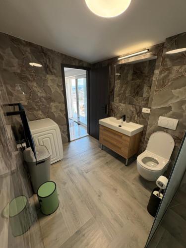 a bathroom with a toilet and a sink and a mirror at Bellavista in Strožanac
