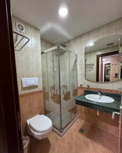 a bathroom with a shower and a toilet and a sink at Kompleksi LYHNIDAS in Pogradec