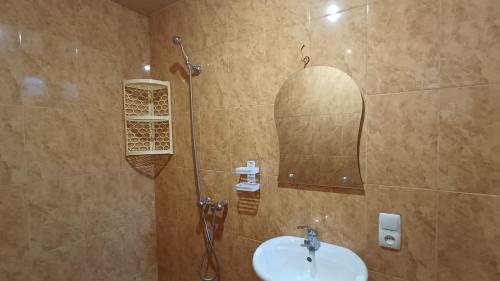 a bathroom with a sink and a shower with a mirror at Eco Cottage Rose in Borjomi