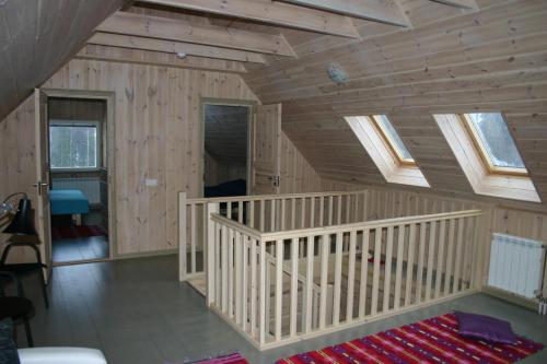 an attic room with wooden walls and skylights at Põhjakalda in Nüpli