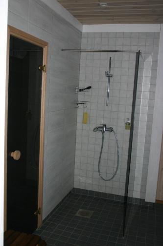 a bathroom with a shower with a glass door at Põhjakalda in Nüpli