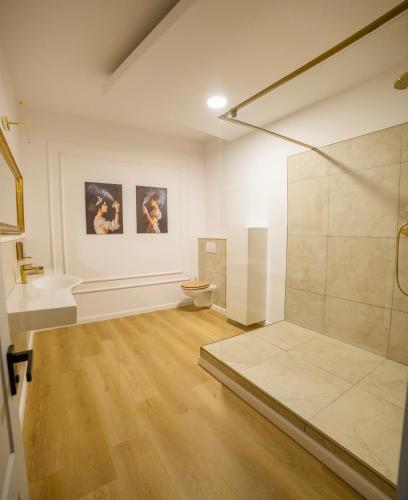a bathroom with a shower and a toilet and a sink at Grand Danube Hotel in Komárno