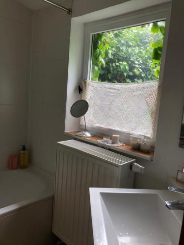 a bathroom with a white sink and a window at mini caravane teardrop in Saint-Denis