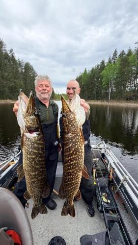 two men holding up large fish on a boat at Villa Norppa in Punkaharju