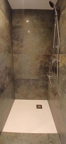 a shower with a shower head in a bathroom at Gite des Egadillias climatisé in Marsanne