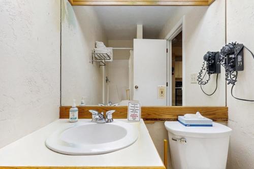 a bathroom with a sink and a mirror and a toilet at Seasons 307 in Warren
