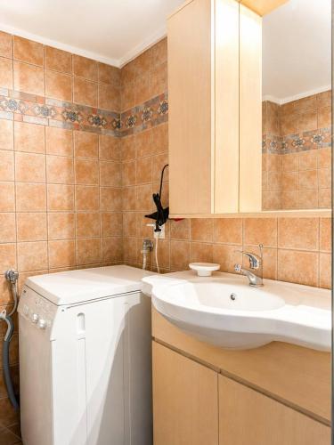a bathroom with a sink and a mirror at Pilgrimos Apartments in Ierissos