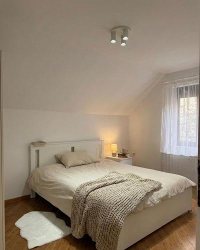 a bedroom with a white bed and a window at Cozy Apartment with Balcony in Ivanjica