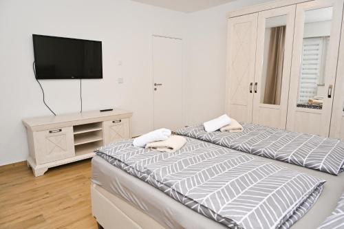 a bedroom with two beds and a flat screen tv at Villa NOA in Jajce