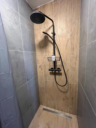 a shower with a shower head in a bathroom at Ala'Toboz Siófok in Siófok
