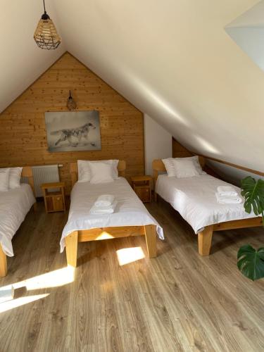 a room with two beds in a attic at Wilcza Chata in Polańczyk