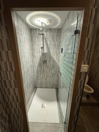 a shower with a glass door in a bathroom at La Galiote in Agde